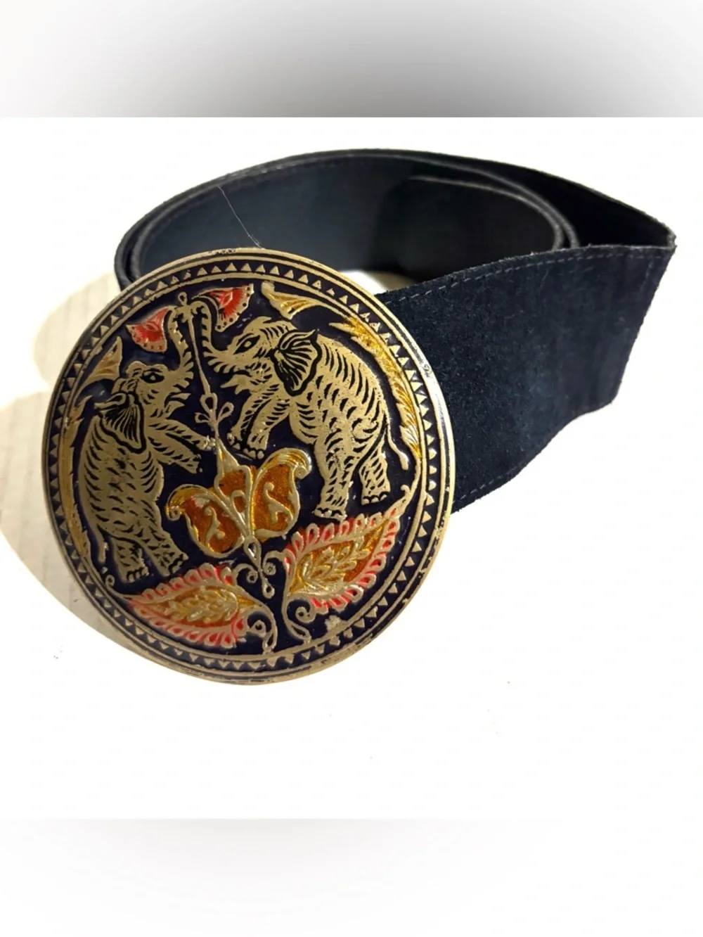 Vintage Black Suede leather Belt with Ornate Elephant Round Buckle